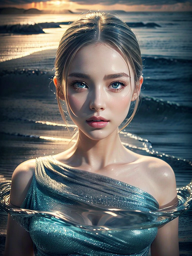 a woman with beautiful features, long grey hair, wearing a pure white dress, high quality, photorealistic, detailed portrait, extremely detailed face, beautiful eyes and lips, long eyelashes, well-proportioned body,  perfect perspective, masterpiece, 8K, photo-realistic、It is surrounded by glass-like water.