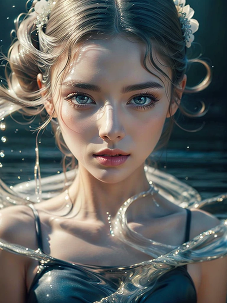 a woman with beautiful features, long grey hair, wearing a pure white dress, high quality, photorealistic, detailed portrait, extremely detailed face, beautiful eyes and lips, long eyelashes, well-proportioned body,  perfect perspective, masterpiece, 8K, photo-realistic、It is surrounded by glass-like water.