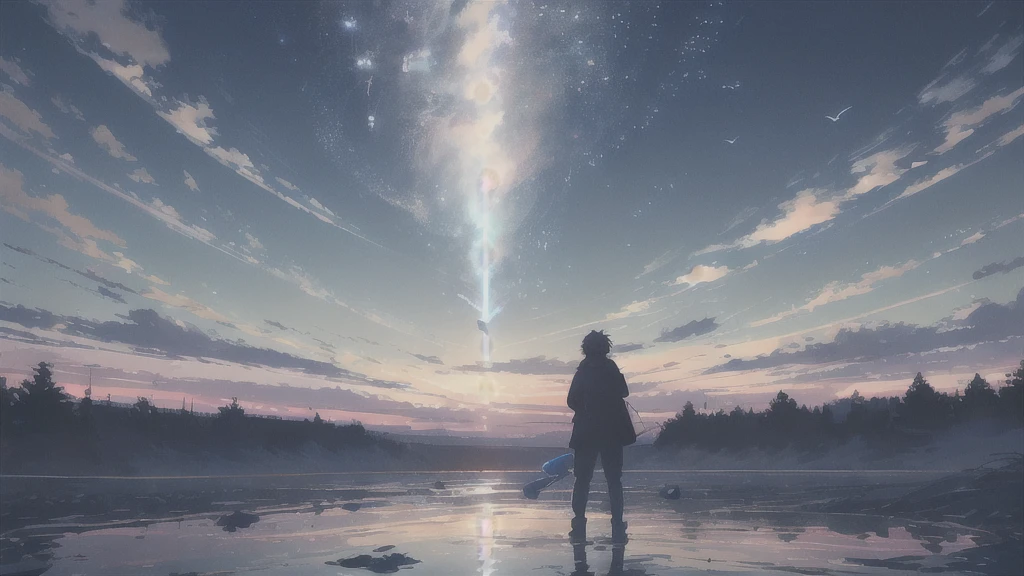 Acoustic guitar,真っ暗なnight空,Octane, star (null), scenery, Blue parakeet,Acoustic guitarは身体の前,star, night, man, Back view, Outdoor, city,river,Blue parakeet,building, cloud, 天のriver,silhouette