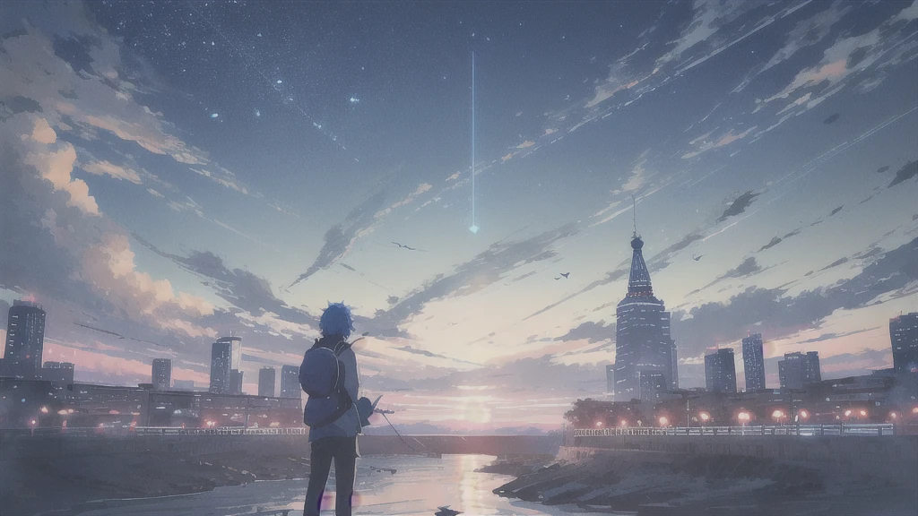 Acoustic guitar,真っ暗なnight空,Octane, star (null), scenery, Blue parakeet,Acoustic guitarは身体の前,star, night, man, Back view, Outdoor, city,river,Blue parakeet,building, cloud, 天のriver,silhouette
