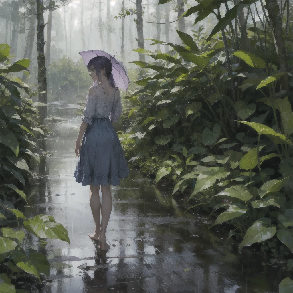 barefoot girl in the rain in the summer forest, violet thunderstorm, в акварельном стиле