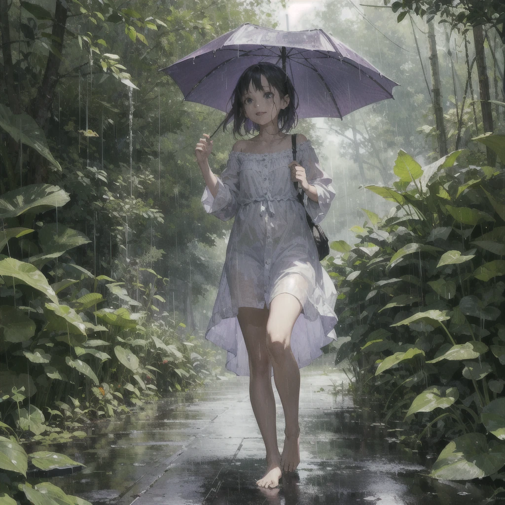 barefoot girl in the rain in the summer forest, violet thunderstorm, в акварельном стиле