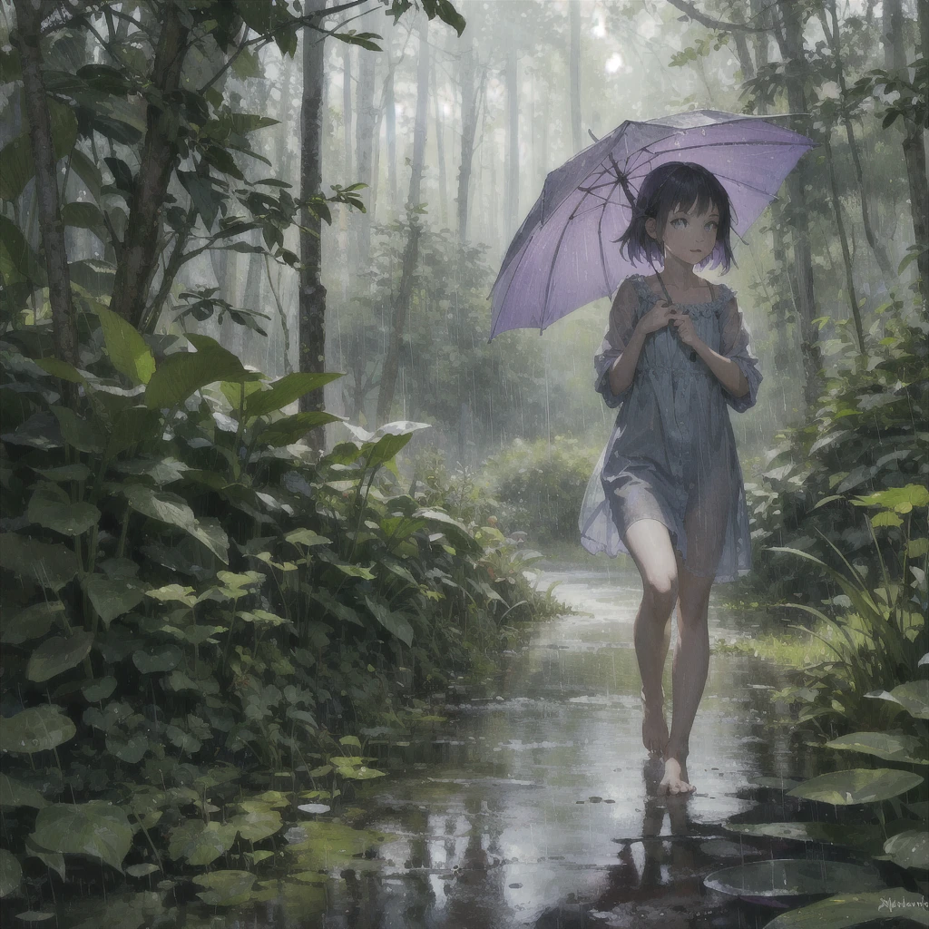 barefoot girl in the rain in the summer forest, violet thunderstorm, в акварельном стиле