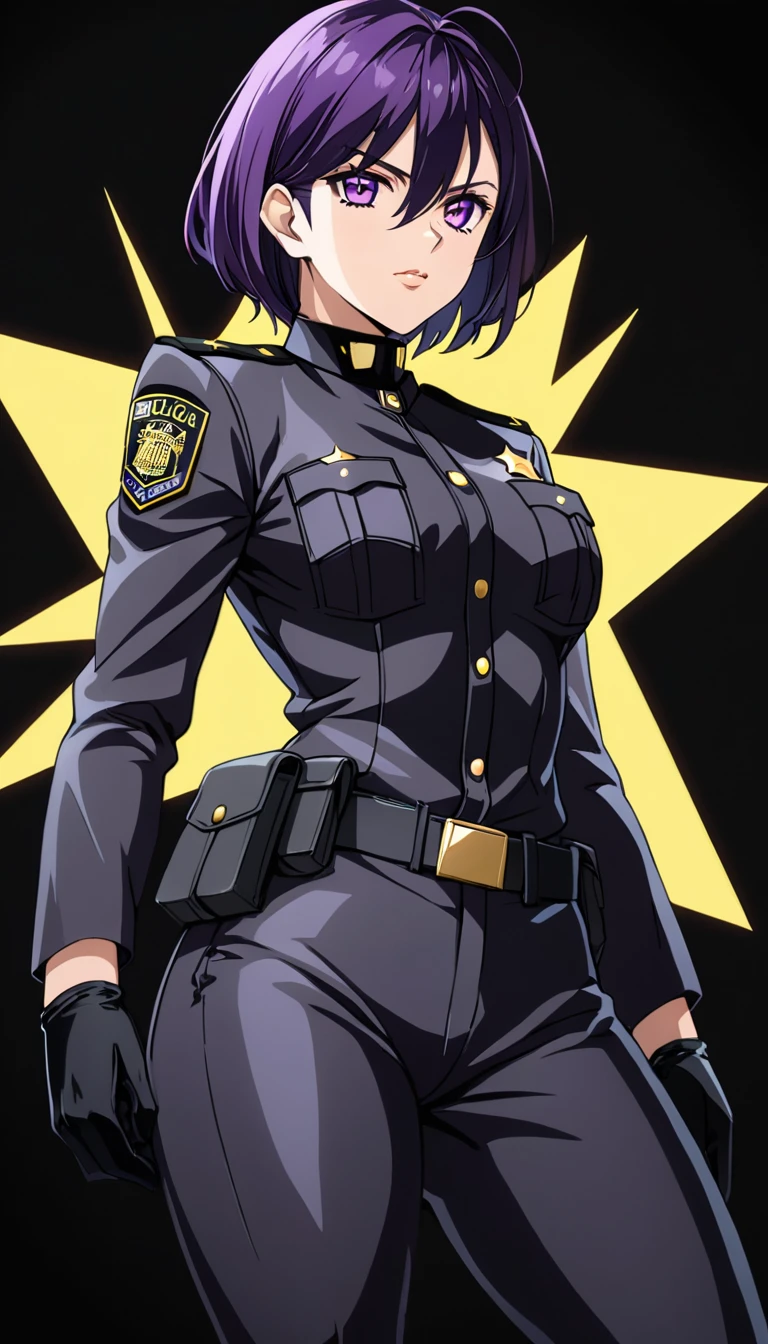 High-resolution anime digital art, Masterpiece, tomboy, mature, sexy, smart, short hair color pitch black, real detail eyes pupil purple, real anatomy body, wear gloves, black chokers, wear Black FBI uniform, Full Body, Alone, Full Body, intricate, hyper detailed, sharp focus, physically-based rendering, (black background:1.1)