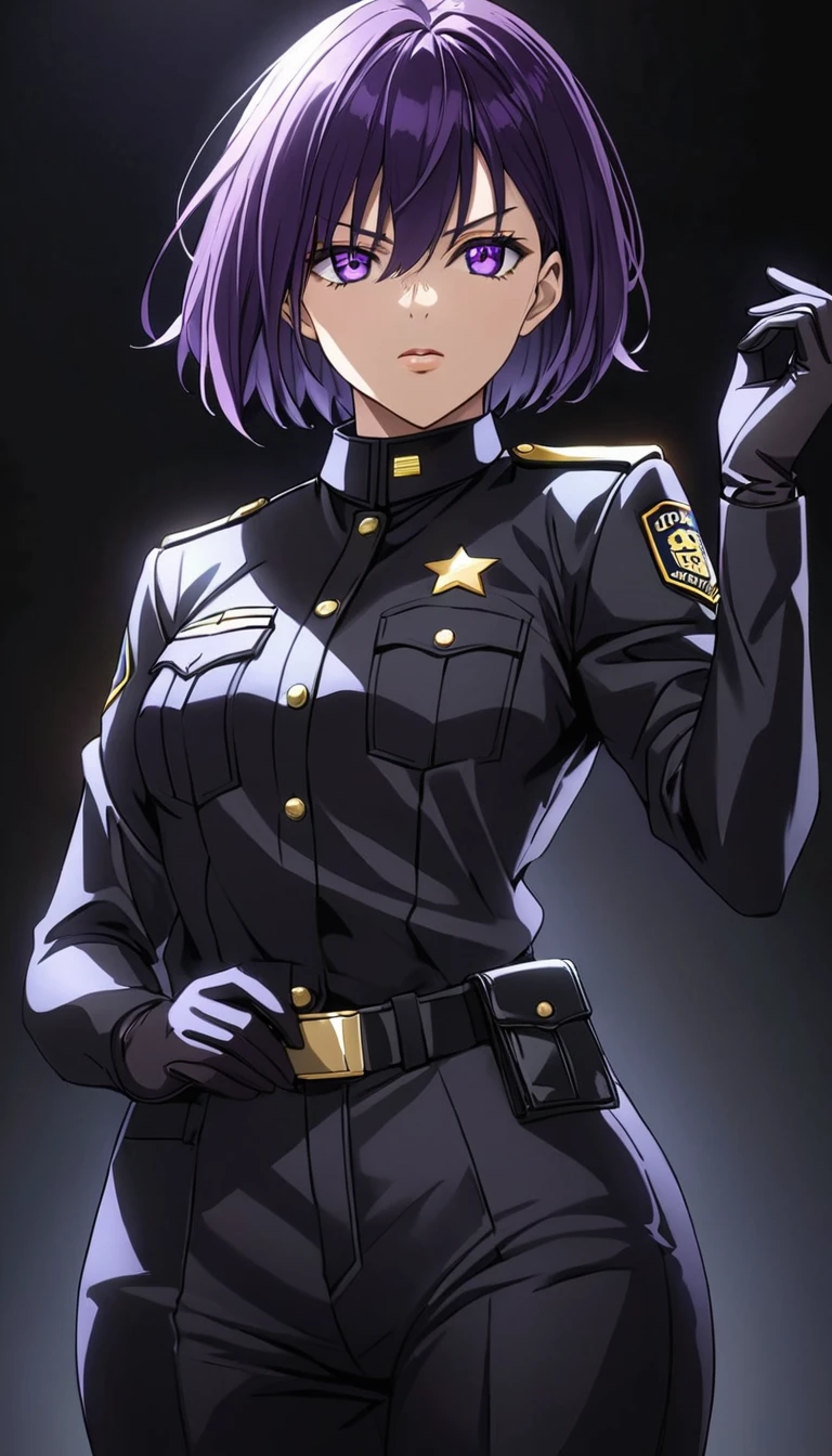 High-resolution anime digital art, Masterpiece, tomboy, mature, sexy, smart, short hair color pitch black, real detail eyes pupil purple, real anatomy body, wear gloves, black chokers, wear Black FBI uniform, Full Body, Alone, Full Body, intricate, hyper detailed, sharp focus, physically-based rendering, (black background:1.1)