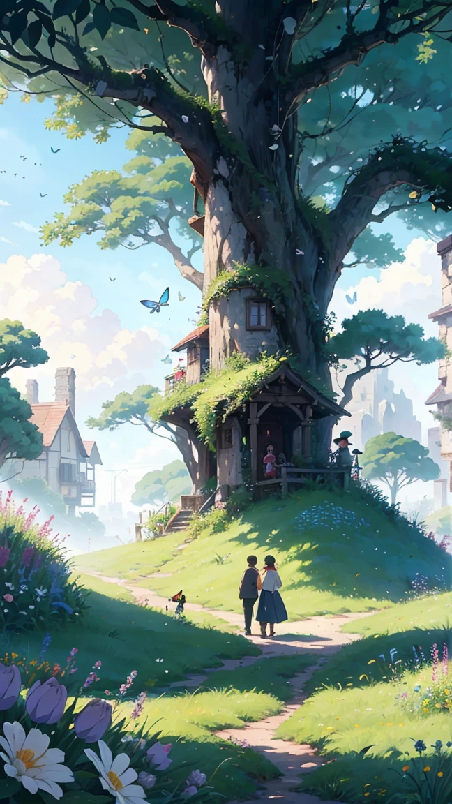 /imagine prompt: Ghibli-inspired magical forest, filled with butterflies, bees, and ladybugs amidst blooming flowers. Soft, enchanting sunlight filtering through dense foliage, creating a dreamy atmosphere. Hand-painted style, hd quality, influenced by Spirited Away and Howl's Moving Castle, soft colors, intricate textures, whimsical and enchanting scenery --ar 1:1 --v 6.0
