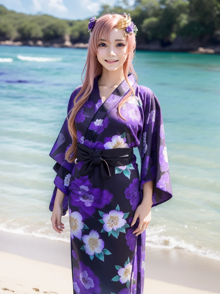 lacusclyne, lacus clyne, (purple eyes:1.1), hair ornament, long hair, wave hair ornament, (light pink hair), (Encouraging smile:1.3),
BREAK See-through, (blackand purple intricate floral printed yukata:1.5),
BREAK ((Golden hair ornament)),
BREAK 1girl, 20 years old, (Massive Breasts:1.2), Lean Body, (big hips:1.2),
BREAK looking at viewer,
BREAK outdoor, (in the sea:1.5), 
BREAK sunset, (Wet:1.25), (wet hair:1.2), (wet skin:1.2),
BREAK (Highest quality、4K、8K, 16K, masterpiece:1.37), Ultra detailed face, Detailed lips, Detailed eyes, double eyelid, 
BREAK (Seductive pose:1.75), (dynamic pose:1.3), dynamic angle, BREAK, 