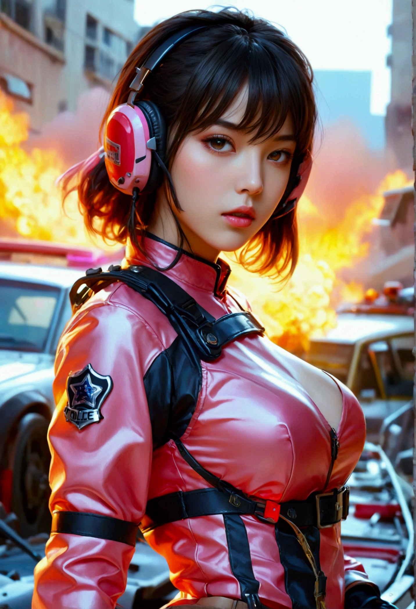 Lisa black pink,(Top Quality, Ultra High Definition, Photorealistic:1.4), (cowboy shot:1), 1 Beautiful Armed Girl, (Kpop Idol), Detailed Face, (Hair Style: long hair brown:1, fullbang, shortbob-style:1), Contrapposto, Perfect Anatomy, ((wearing Futuristic Red Police Racing Suits, Pink low-mini-skirt, police wappen, High-tech Headset, military harness, racing gloves, )), (Cloths colors based on silver pink Red white), (background, crashed cars, fire, (Explosion)),
