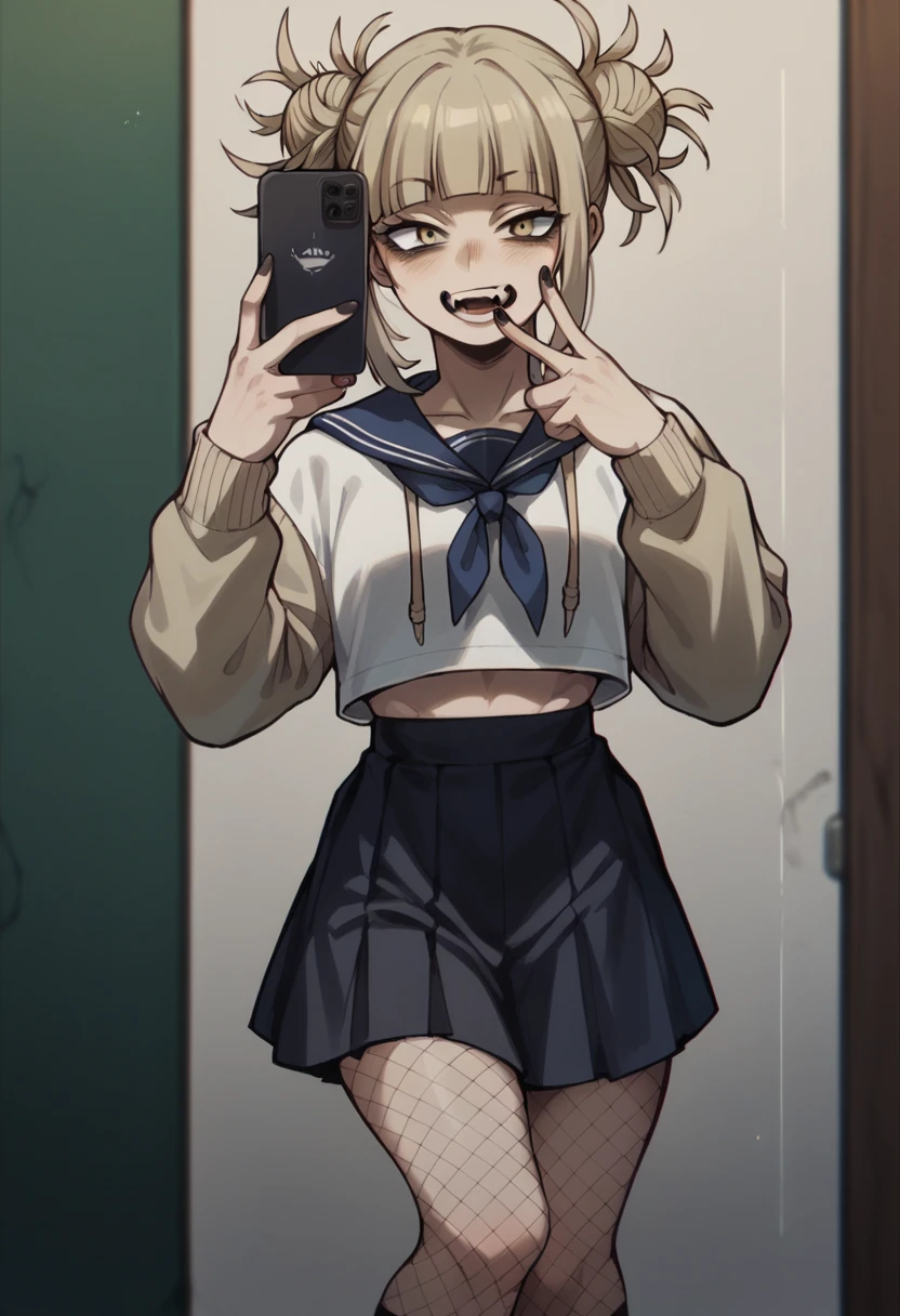 Himiko Toga taking a selfie in a hardcore sweatshirt, fishnet stockings and black skirt (whole body) (without cell phone in hand) 