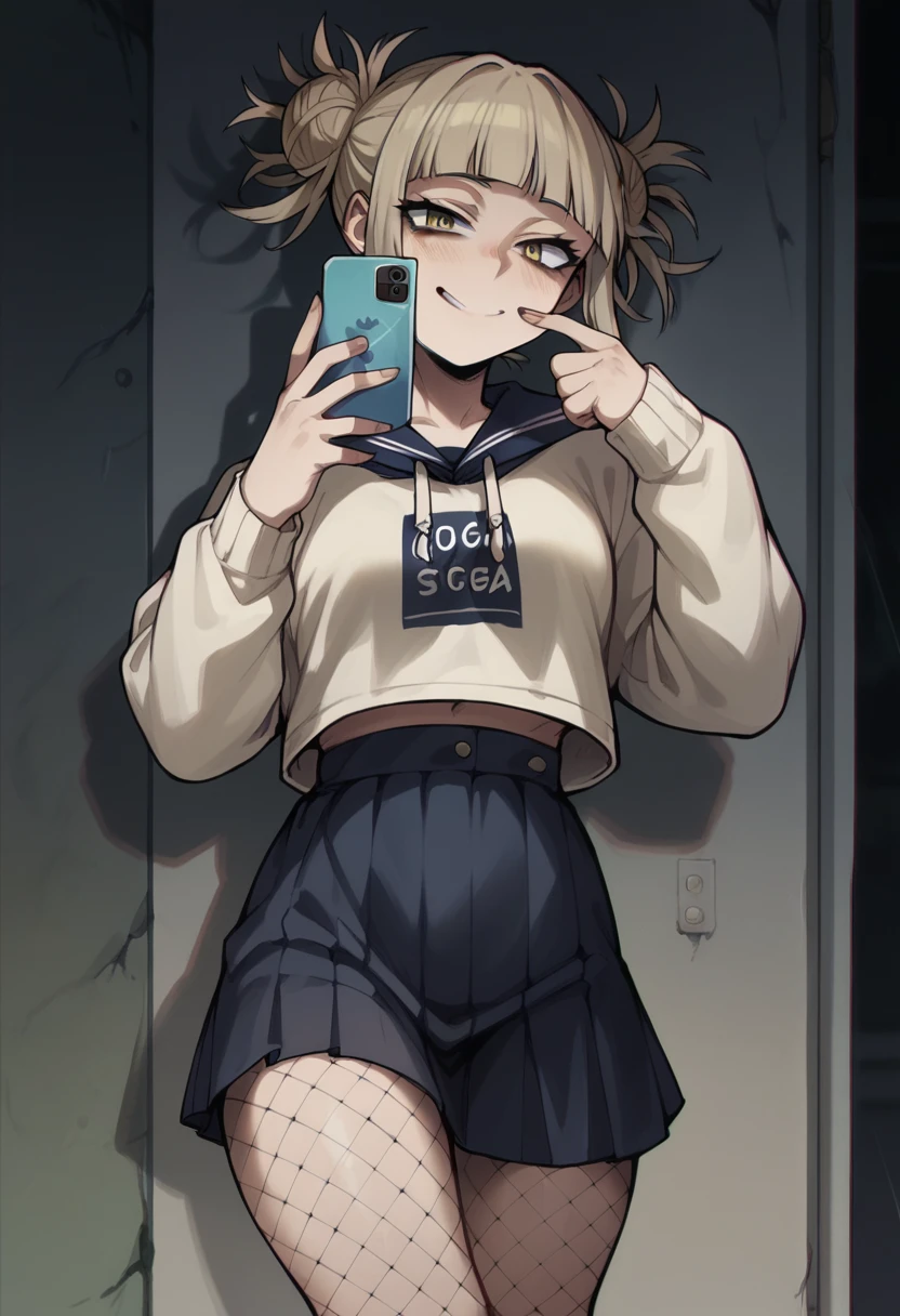 Himiko Toga taking a selfie in a hardcore sweatshirt, fishnet stockings and black skirt (whole body) (without cell phone in hand) 