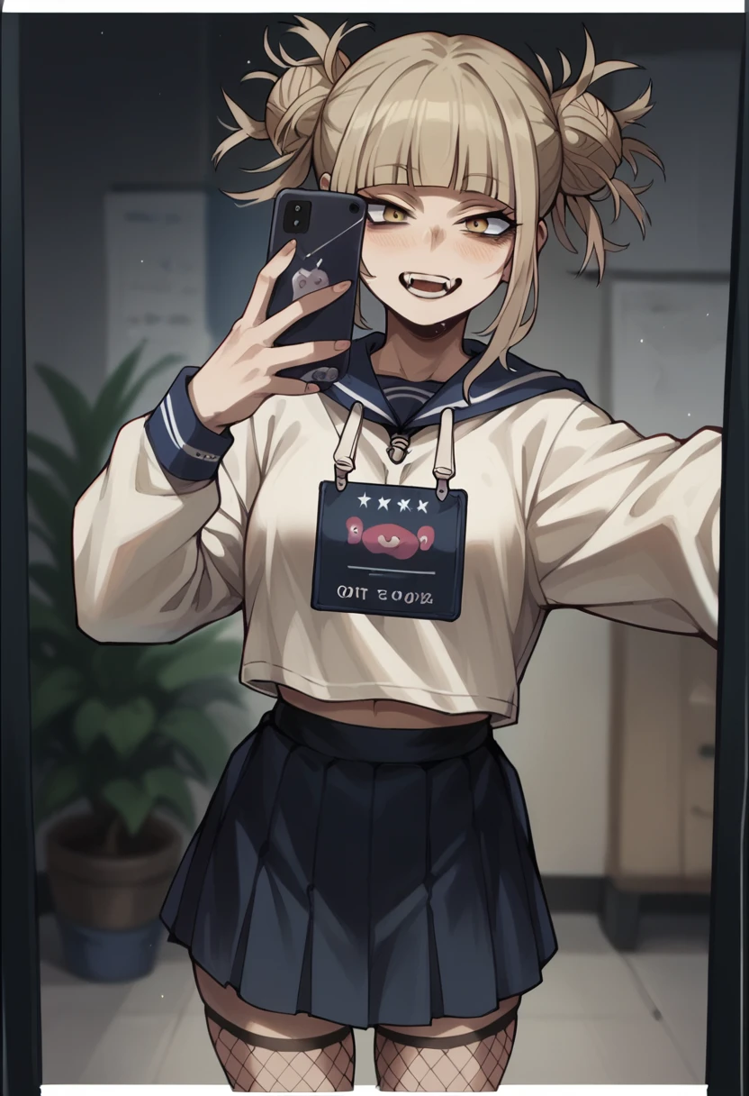 Himiko Toga taking a selfie in a hardcore sweatshirt, fishnet stockings and black skirt (whole body) (without cell phone in hand) 