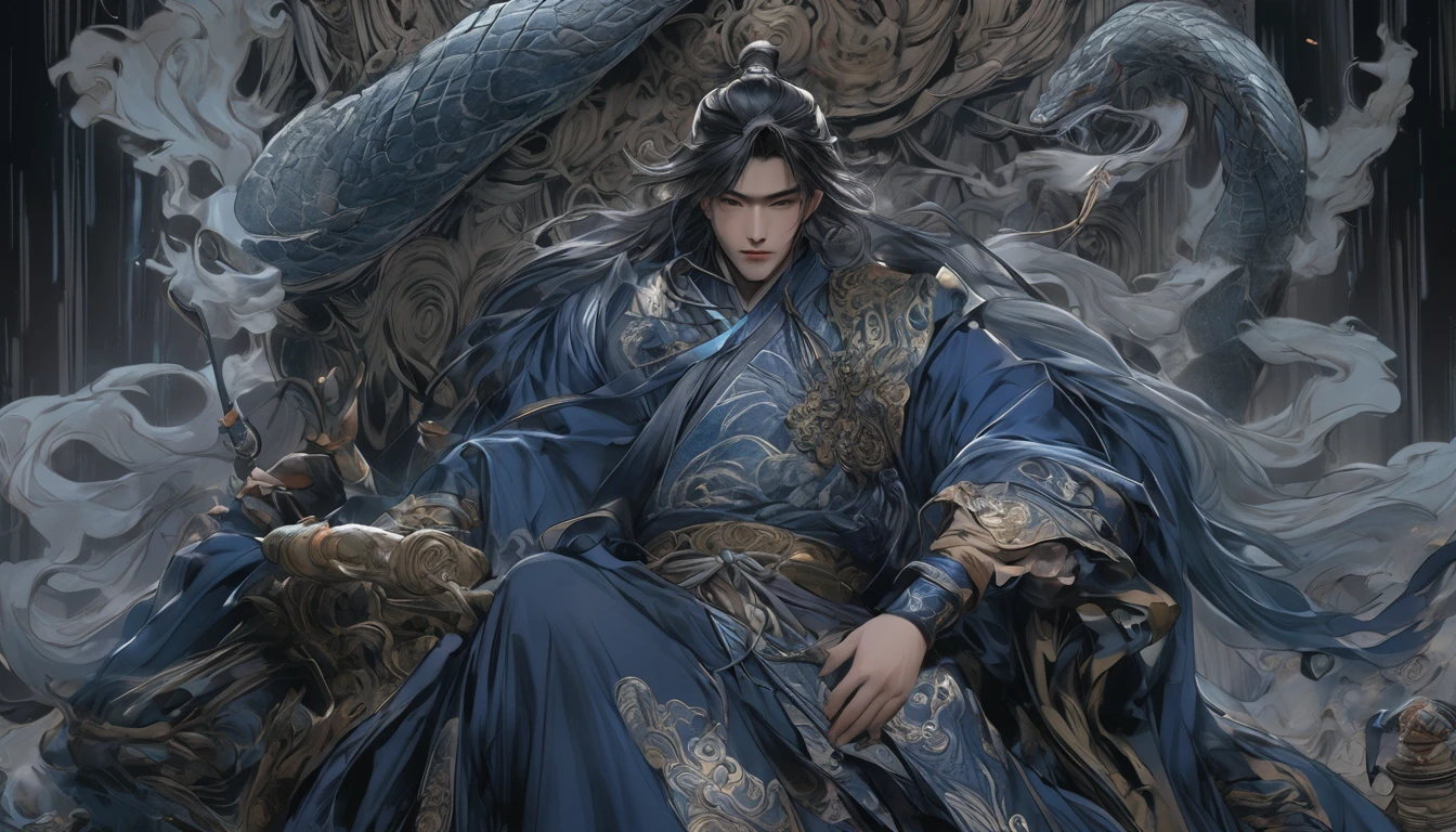 Line art drawing comic a perfect handsome male, Clear Face, A young man in his 18s, Beautiful, Hanfu, ((whole body)), villain, Detailed face,Perfect hand-crafted detail,Dark Background,darkness,liquor,Throne,
cast (unfathomable,Bamboo Flooring,Snake Glass Panel Brownian Motion,Diagonal lines,Zenith angle,Dust storm,Superfluid,ball,oval ,Flowing magic:1.0)| emperor, (Vibrant,Illuminate,Enthusiast,cycle,dark blue,Chrome Yellow Arcanum,Dazzling,shine ,liquid crystal,Space dust,Teleport,The Magic of Dashed Lines:1.0) Purification spell, Trace the symbol on the parchment with a quill, Precisely craft a spell, Astral Sparkle, Simple Positive XLv1, Ultra-high resolution, wallpaper, 8K,Richly textured details, Elevation, A magnificent composition, . graphic illustration, Comic art, graphic novel art, Vibrant, Very detailed . Professional, Sophisticated, Modern, Minimalist, graphic, Line art, vector graphics