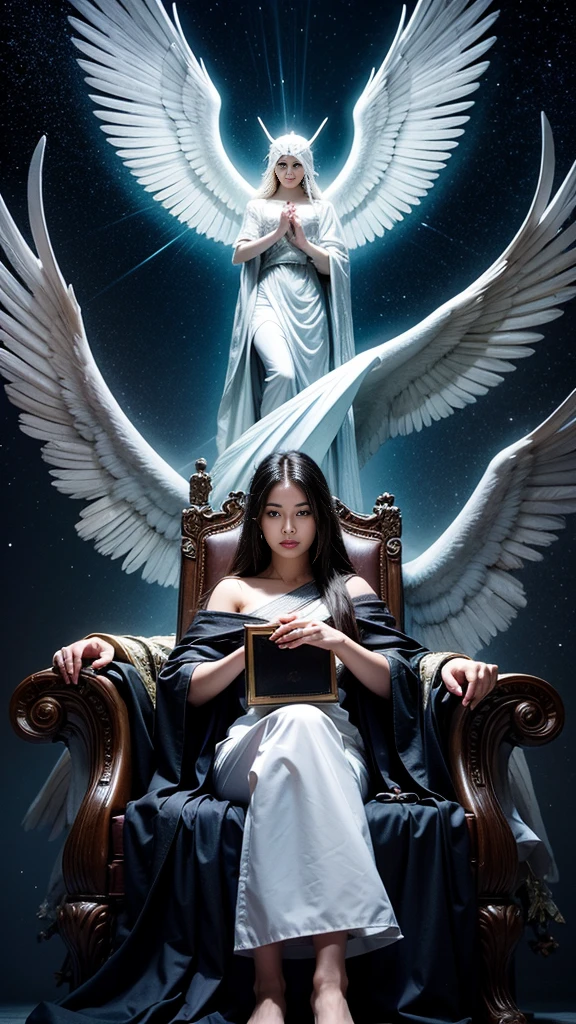 Stunning images depicting doomsday scenarios, As recorded in Revelation 20:11. The white throne on which Jesus sits stands out in the center of the scene, Surrounded by white clouds and lightning, Symbolizing the Majesty of God. There are powerful angels, Solemn watch the opening of the book, Represents a record of each individual's actions. Countless people々Crowd of, Waiting for your eternal destiny. The mood is、It is one of reverence and awe before the divine justice to be established.