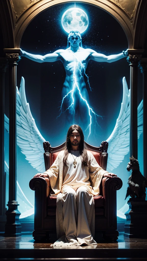 Stunning images depicting doomsday scenarios, As recorded in Revelation 20:11. The white throne on which Jesus sits stands out in the center of the scene, Surrounded by white clouds and lightning, Symbolizing the Majesty of God. There are powerful angels, Solemn watch the opening of the book, Represents a record of each individual's actions. Countless people々Crowd of, Waiting for your eternal destiny. The mood is、It is one of reverence and awe before the divine justice to be established.