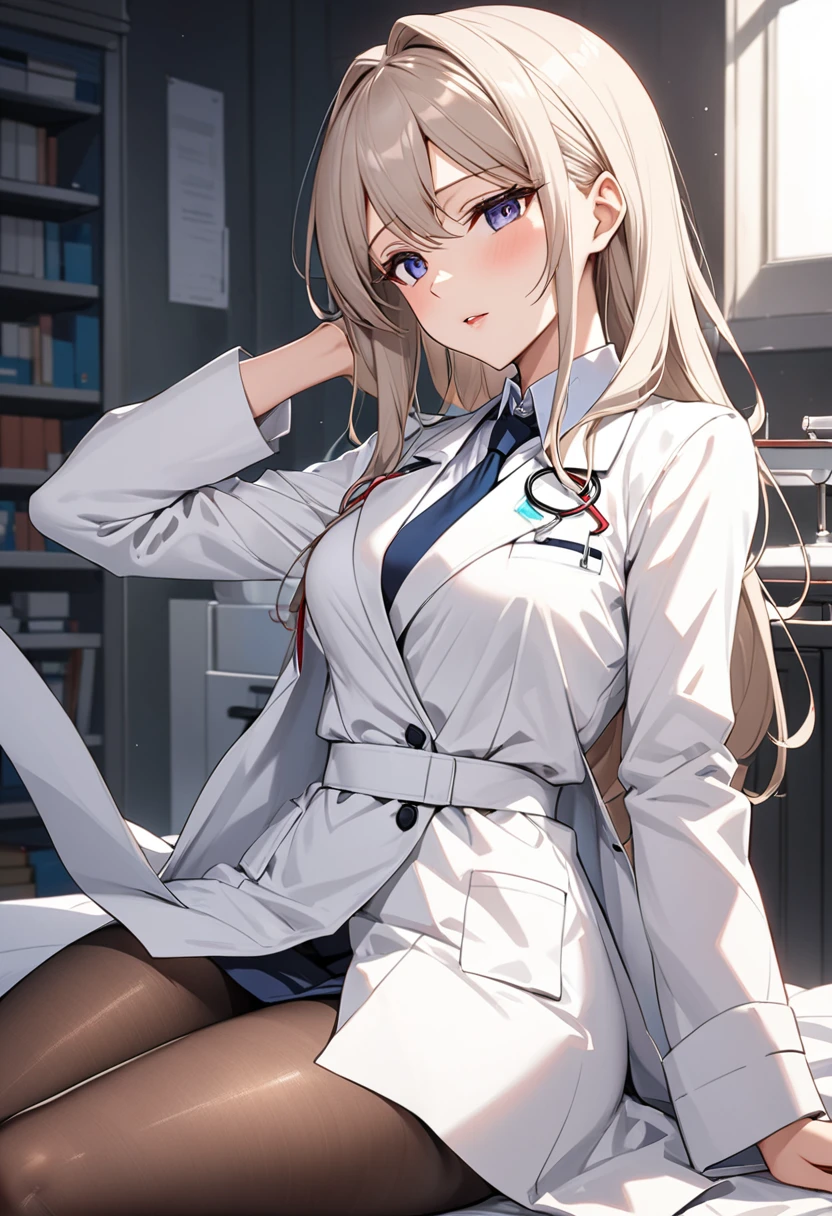 An anime scientist lady is seducing me in a white coat and pantyhose