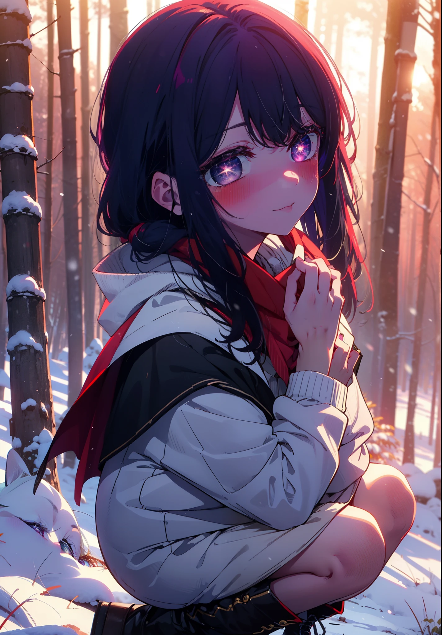 aihoshino, Ai Hoshino, Long Hair, bangs, (Purple eyes:1.1), Purple Hair, (Symbol-shaped pupil:1.5), smile,,smile,blush,White Breath,
Open your mouth,snow,Ground bonfire, Outdoor, boots, snowing, From the side, wood, suitcase, Cape, Blurred, , forest, White handbag, nature, Squat, Mouth closed, Cape, winter, Written boundary depth, Black shoes, red Cape break looking at viewer, Upper Body, whole body, break Outdoor, forest, nature, break (masterpiece:1.2), Highest quality, High resolution, unity 8k wallpaper, (shape:0.8), (Beautiful and beautiful eyes:1.6), Highly detailed face, Perfect lighting, Extremely detailed CG, (Perfect hands, Perfect Anatomy),