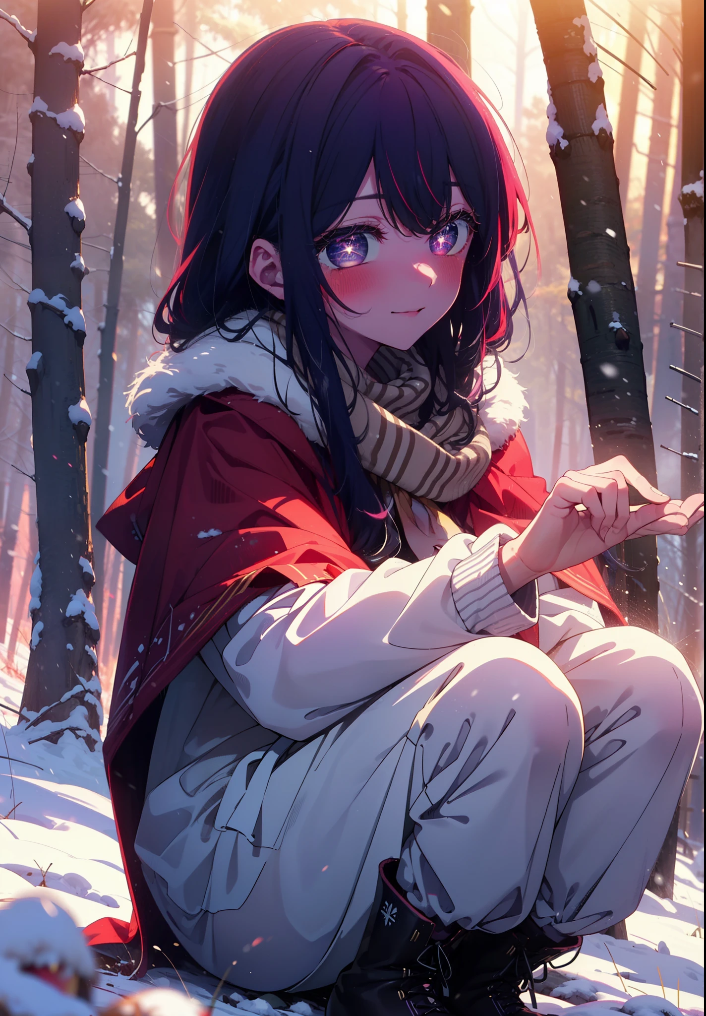 aihoshino, Ai Hoshino, Long Hair, bangs, (Purple eyes:1.1), Purple Hair, (Symbol-shaped pupil:1.5), smile,,smile,blush,White Breath,
Open your mouth,snow,Ground bonfire, Outdoor, boots, snowing, From the side, wood, suitcase, Cape, Blurred, , forest, White handbag, nature, Squat, Mouth closed, Cape, winter, Written boundary depth, Black shoes, red Cape break looking at viewer, Upper Body, whole body, break Outdoor, forest, nature, break (masterpiece:1.2), Highest quality, High resolution, unity 8k wallpaper, (shape:0.8), (Beautiful and beautiful eyes:1.6), Highly detailed face, Perfect lighting, Extremely detailed CG, (Perfect hands, Perfect Anatomy),
