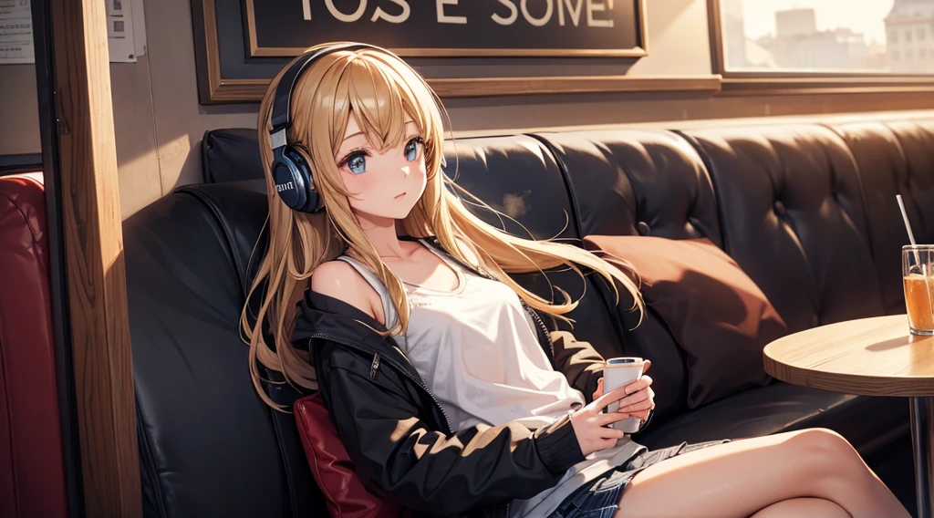 Girl with headphones enjoying music in a cafe I am studying Emphasize a little bit of the chest