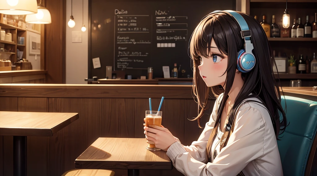 Girl with headphones enjoying music in a cafe　I am studying　Emphasize a little bit of the chest
