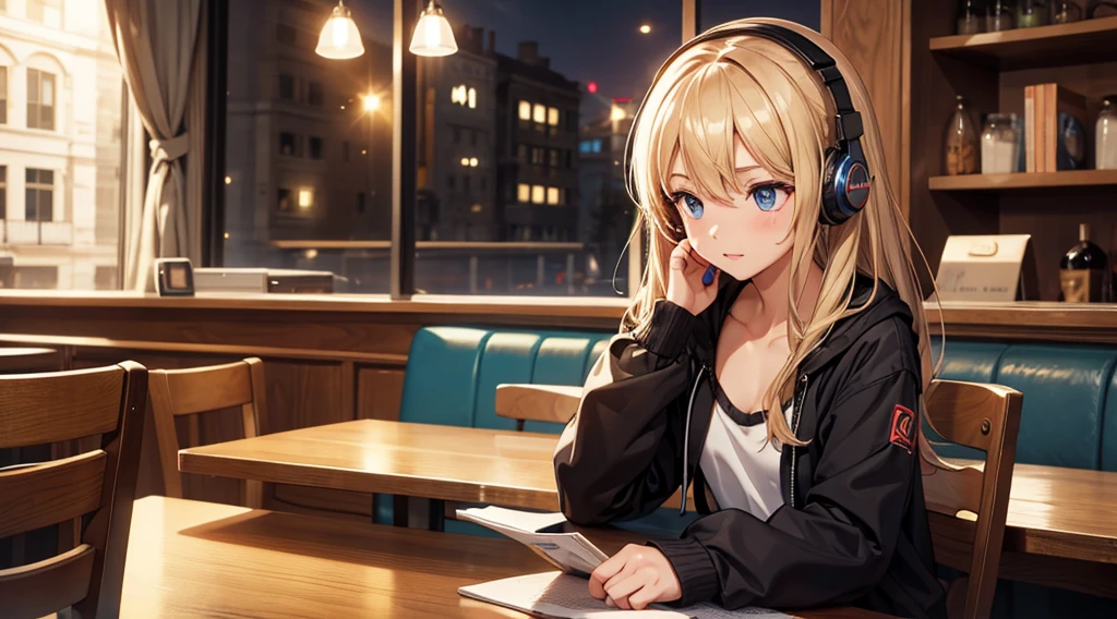 Girl with headphones enjoying music in a cafe I am studying Emphasize a little bit of the chest