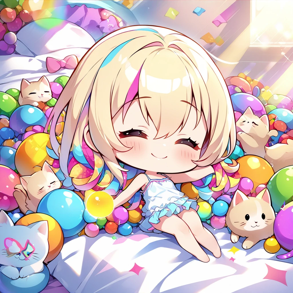 masterpiece, best quality, 4k、2D illustration、one beautiful girl、solo、(((chibi style)))、((vivid colors))、cute chibi、lovely chibi、long beautiful hair, glossy light blonde hair, hair between eyes, cute、closed eyes、((camisole dress)), ((miniskirt))、((colorful))、((smile))、lying in bed、((full body shot))、((kitten)), ((lots of colorful stuff around))、((bed))、sparkle、((lens flare))、