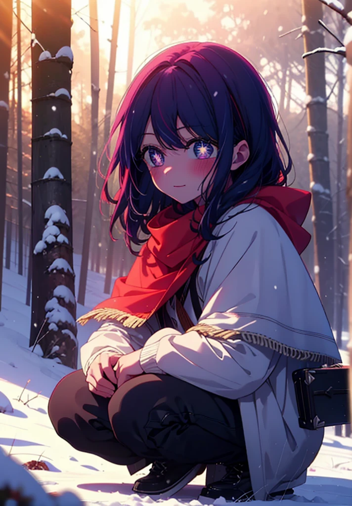 aihoshino, Ai Hoshino, Long Hair, bangs, (Purple eyes:1.1), Purple Hair, (Symbol-shaped pupil:1.5), smile,,smile,blush,White Breath,
Open your mouth,snow,Ground bonfire, Outdoor, boots, snowing, From the side, wood, suitcase, Cape, Blurred, , forest, White handbag, nature,  Squat, Mouth closed, Cape, winter, Written boundary depth, Black shoes, red Cape break looking at viewer, Upper Body, whole body, break Outdoor, forest, nature, break (masterpiece:1.2), Highest quality, High resolution, unity 8k wallpaper, (shape:0.8), (Beautiful and beautiful eyes:1.6), Highly detailed face, Perfect lighting, Extremely detailed CG, (Perfect hands, Perfect Anatomy),