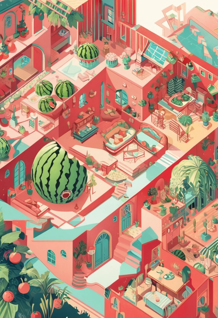 sometric illustration, (geometric perspective):1.2, parallel lines, axonometric projection, stylized design, architectural precision, engaging composition, watermelon house, carved watermelon, vegetable architecture, whimsical dwelling, miniature home, green rind exterior, red interior walls, seed windows, fruit-inspired structure, charming garden setting, tiny furniture made from other vegetables, creative food art, playful scene, vibrant colors, summer theme