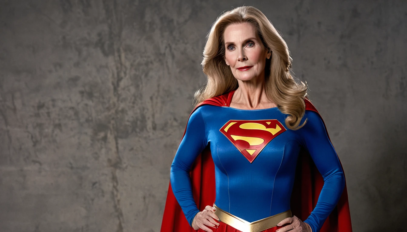 strong sexy Superold woman Julie Hagerty Supergirl 1984s DC comics costume; big and strong breasts. HD. Photograph, ((realism)), extremely high quality RAW photograph, ultra detailed photograph, sharp focus, high resolution, (detailed skin:1,3),high quality, film grain, Fujifilm XT3,Highly Detailed, movie, (Cinematic Photo:1.3) of (Realistic:1.3)