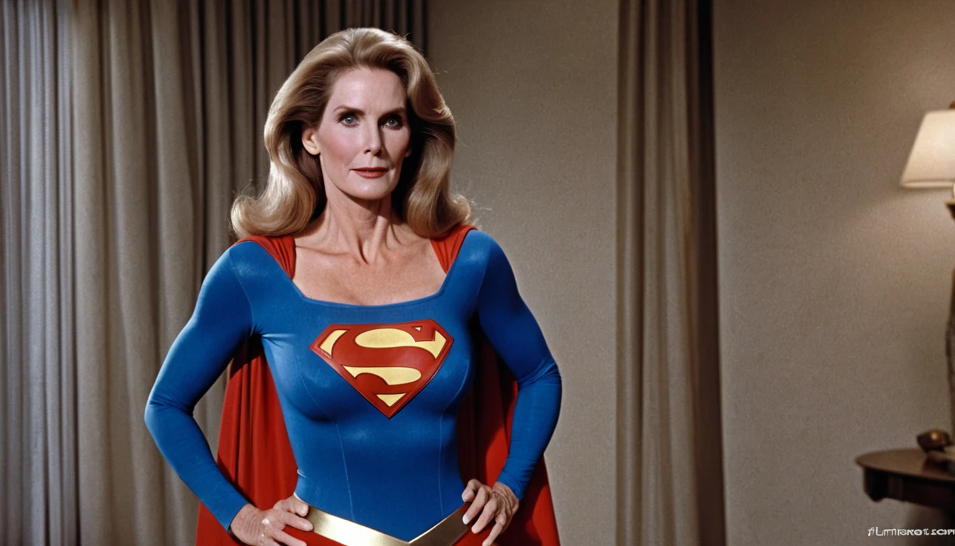 strong sexy Superold woman Julie Hagerty Supergirl 1984s DC comics costume; big and strong breasts. HD. Photograph, ((realism)), extremely high quality RAW photograph, ultra detailed photograph, sharp focus, high resolution, (detailed skin:1,3),high quality, film grain, Fujifilm XT3,Highly Detailed, movie, (Cinematic Photo:1.3) of (Realistic:1.3)