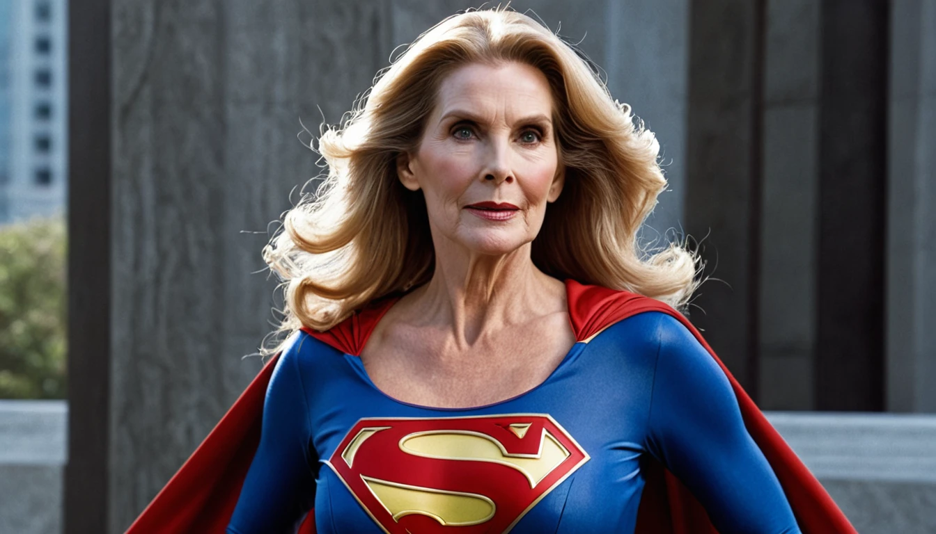 strong sexy Superold woman Julie Hagerty Supergirl 1984s DC comics costume; big and strong breasts. HD. Photograph, ((realism)), extremely high quality RAW photograph, ultra detailed photograph, sharp focus, high resolution, (detailed skin:1,3),high quality, film grain, Fujifilm XT3,Highly Detailed, movie, (Cinematic Photo:1.3) of (Realistic:1.3)