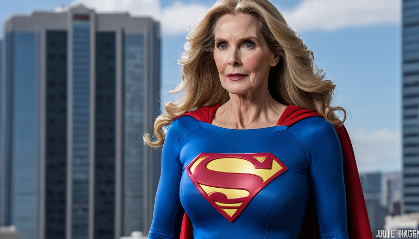 strong sexy Superold woman Julie Hagerty Supergirl 1984s DC comics costume; big and strong breasts. HD. Photograph, ((realism)), extremely high quality RAW photograph, ultra detailed photograph, sharp focus, high resolution, (detailed skin:1,3),high quality, film grain, Fujifilm XT3,Highly Detailed, movie, (Cinematic Photo:1.3) of (Realistic:1.3)