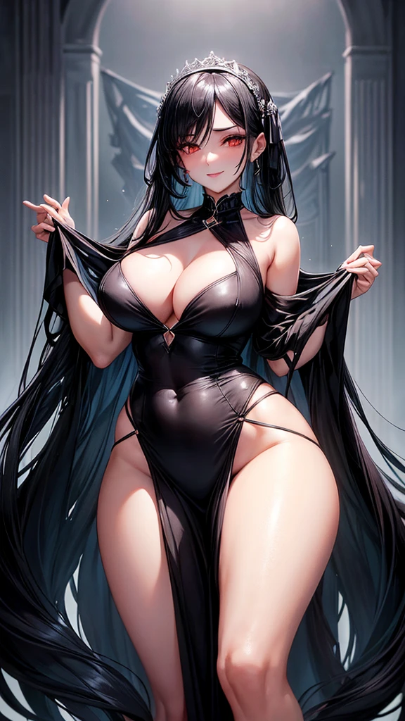 a woman with long black hair, As dark as midnight, that cascade over your shoulders. She wears a short, tight dress, that embraces your curves boldly. The plunging neckline reveals flawless skin and invites prying eyes. Your lips, painted intense red, form an enigmatic smile. Their eyes, like two shining emeralds, convey mystery and desire. She assumes an elegant pose, with a slightly sloping shoulder, daring anyone to resist its magnetic presence.