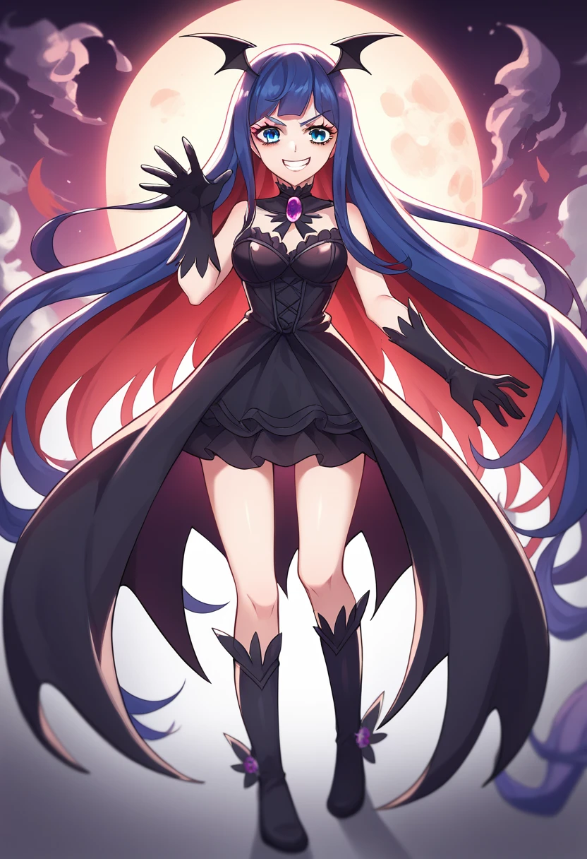 Highest quality, Very detailed,One Girl, alone, {cure_zero_hirogaruzeroprecure:1.15}, Dark blue hair, blue eyes, Blue flames in the eyes, Long Hair, Twin tails, Magical girl, bangs, Open your mouth, Redhead, multicoloRedhead, One Girl, blunt bangs, Darken your clothes, hair ornaments, Wicked Smile, devilish aura (Shiny fabric:1.5), Full Body Shot, Purple Gemstone, attractive, blush, (Beautiful attention to detail:1.6), Very detailed顔, Perfect lighting, Extremely detailed CG, (Perfect hands, Perfect Anatomy), devil, Red and black color scheme, Shiny material, Grin, Black ribbon, black satin gloves, Evil clover leaf ornament, Black frills, jewelry, corruption, Latex Gloss, Black Gothic Cape, Wicked Smile, Dark World Background, Red Moon, cloudy zero, CG Style, One-sided black wing,Dark shadowed face,Sadistic smile,Malice,Contempt,smile,black