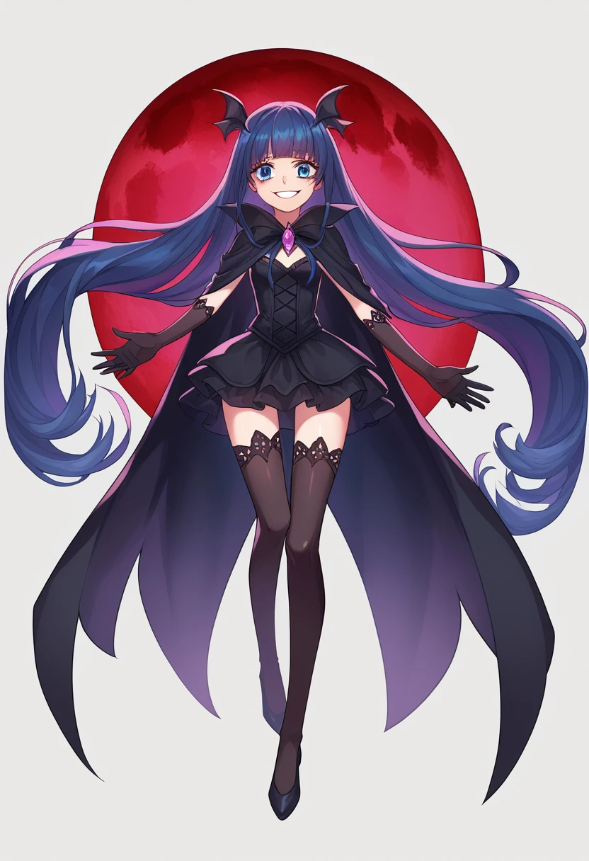 Highest quality, Very detailed,One Girl, alone, {cure_zero_hirogaruzeroprecure:1.15}, Dark blue hair, blue eyes, Blue flames in the eyes, Long Hair, Twin tails, Magical girl, bangs, Open your mouth, Redhead, multicoloRedhead, One Girl, blunt bangs, Darken your clothes, hair ornaments, Wicked Smile, devilish aura (Shiny fabric:1.5), Full Body Shot, Purple Gemstone, attractive, blush, (Beautiful attention to detail:1.6), Very detailed顔, Perfect lighting, Extremely detailed CG, (Perfect hands, Perfect Anatomy), devil, Red and black color scheme, Shiny material, Grin, Black ribbon, black satin gloves, Evil clover leaf ornament, Black frills, jewelry, corruption, Latex Gloss, Black Gothic Cape, Wicked Smile, Dark World Background, Red Moon, cloudy zero, CG Style, One-sided black wing,Dark shadowed face,Sadistic smile,Malice,Contempt,smile,black