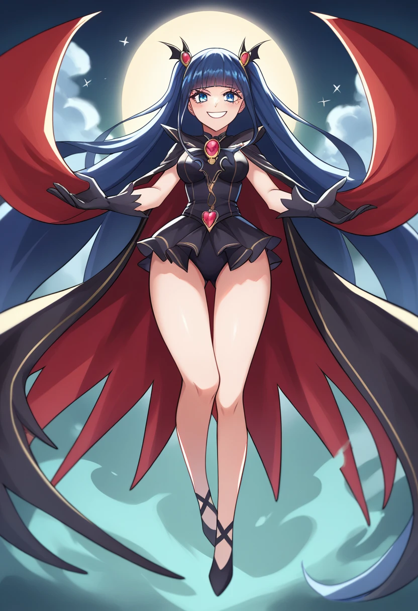 Highest quality, Very detailed,One Girl, alone, {cure_zero_hirogaruzeroprecure:1.15}, Dark blue hair, blue eyes, Blue flames in the eyes, Long Hair, Twin tails, Magical girl, bangs, Open your mouth, Redhead, multicoloRedhead, One Girl, blunt bangs, Darken your clothes, hair ornaments, Wicked Smile, devilish aura (Shiny fabric:1.5), Full Body Shot, Purple Gemstone, attractive, blush, (Beautiful attention to detail:1.6), Very detailed顔, Perfect lighting, Extremely detailed CG, (Perfect hands, Perfect Anatomy), devil, Red and black color scheme, Shiny material, Grin, Black ribbon, black satin gloves, Evil clover leaf ornament, Black frills, jewelry, corruption, Latex Gloss, Black Gothic Cape, Wicked Smile, Dark World Background, Red Moon, cloudy zero, CG Style, One-sided black wing,Dark shadowed face,Sadistic smile,Malice,Contempt,smile,black