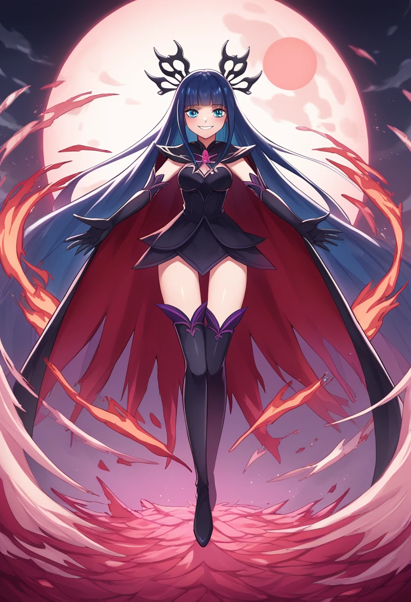 Highest quality, Very detailed,One Girl, alone, {cure_zero_hirogaruzeroprecure:1.15}, Dark blue hair, blue eyes, Blue flames in the eyes, Long Hair, Twin tails, Magical girl, bangs, Open your mouth, Redhead, multicoloRedhead, One Girl, blunt bangs, Darken your clothes, hair ornaments, Wicked Smile, devilish aura (Shiny fabric:1.5), Full Body Shot, Purple Gemstone, attractive, blush, (Beautiful attention to detail:1.6), Very detailed顔, Perfect lighting, Extremely detailed CG, (Perfect hands, Perfect Anatomy), devil, Red and black color scheme, Shiny material, Grin, Black ribbon, black satin gloves, Evil clover leaf ornament, Black frills, jewelry, corruption, Latex Gloss, Black Gothic Cape, Wicked Smile, Dark World Background, Red Moon, cloudy zero, CG Style, One-sided black wing,Dark shadowed face,Sadistic smile,Malice,Contempt,smile,black