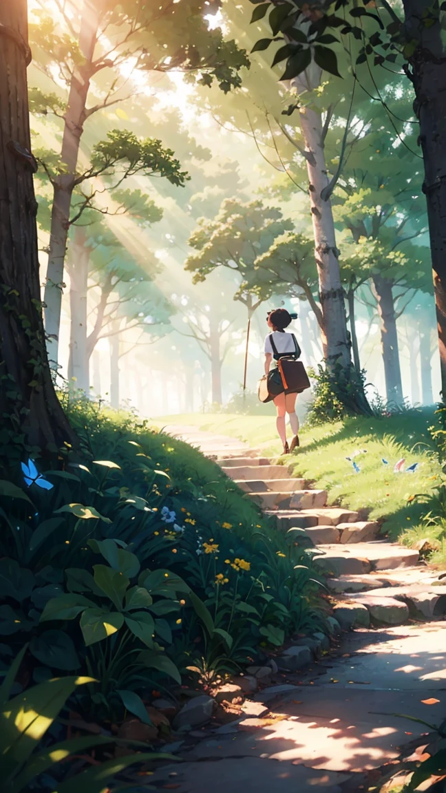 /imagine prompt: A Ghibli-style vibrant forest scene, with colorful butterflies, bees, ladybugs, and lush greenery. Sunlight creating magical light beams through the trees, whimsical and serene mood. Detailed hand-drawn animation, hd quality, inspired by Kiki's Delivery Service and The Secret World of Arrietty, pastel colors, intricate hand-drawn textures, lush and ethereal environment --ar 1:1 --v 6.0
