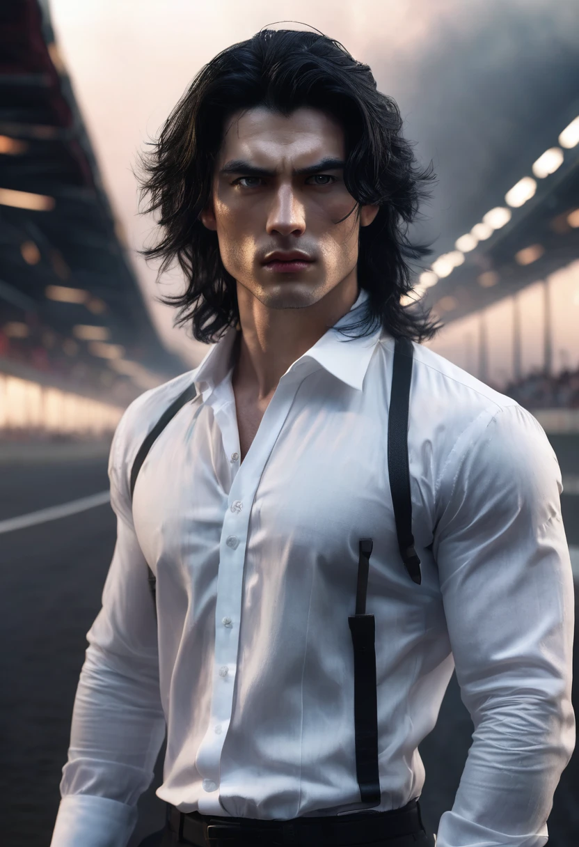 1 man, inside a clandestine race track, wearing a white shirt, detailed facial features, beautiful masculine, detailed white skin, medium-length black hair wavy and messy, soft expression, dramatic lighting, cinematic composition, cold and dark colors, atmospheric fog, strong chin, manly man, night, handsome man, beautiful model face, (best quality, 4K, 8K, high resolution, art: 1.2), ultra-detailed, (realistic, photorealistic, photorealistic: 1.37)