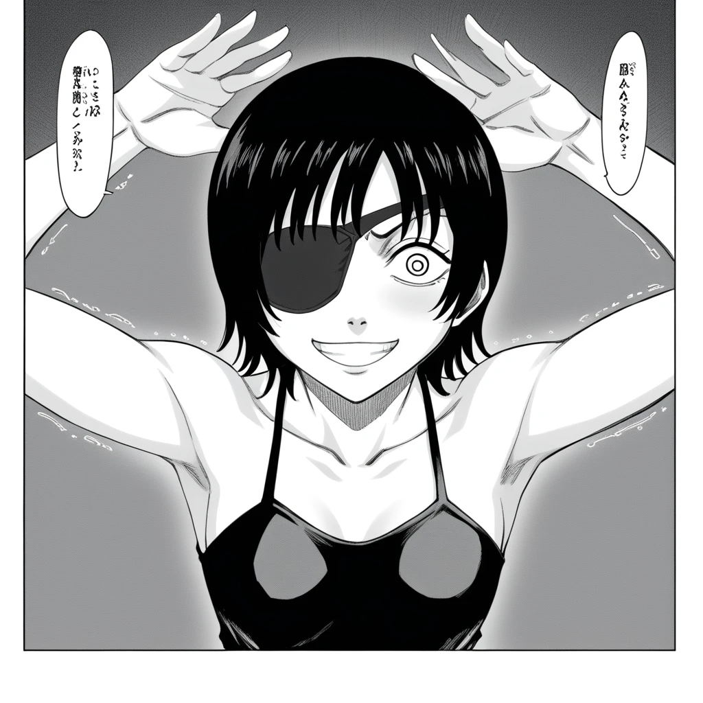 score_9,score_8_up,score_7_up,source_anime,zPDXL,(nsfw_manga_style:1.2),(monochrome:1.2), line, comic, high res image, simple composition, 1koma, source_manga, score_9, score_8_up, score_7_up, source_manga, colored, Tite Kubo manga style, Tite Kubo art style, mature female, mature, Adult, himeno, himeno(Chainsaw Man), 1girl, black hair, short hair, eyepatch, solo, naughty face, argasm, rolling_eyes, cross-eyes, grin, nsfw, Villains, Spread arms, Raise arms, shaking body, waving body, blush, aroused, in heat, night, Dark, latex leotard, masterpiece, Top animation quality,Top image quality,
