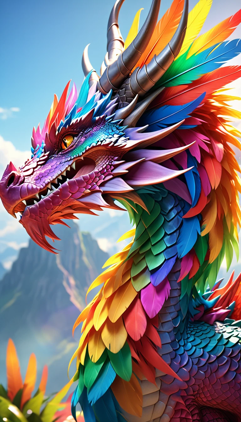 Fantasy、Fantasy、(whole body, detailed), ((Portrait of a dragon with colorful feathers:1.5)), photoRealistic, masterpiece: 1.2), (Highest quality, High resolution, 8K), (Realistic: 1.37), faint smoke, ultra detailed , Sharp focus, Bright Eyes, Scale and Texture, mysterious, Calm, Beautiful Landscape, Soft lighting, Vibrant colors, Rainbow and sunshine shining.16K, 超High resolution, Shining in rainbow colors、to be born,wonderful ,future、Iridescent、The world 30 years from now。