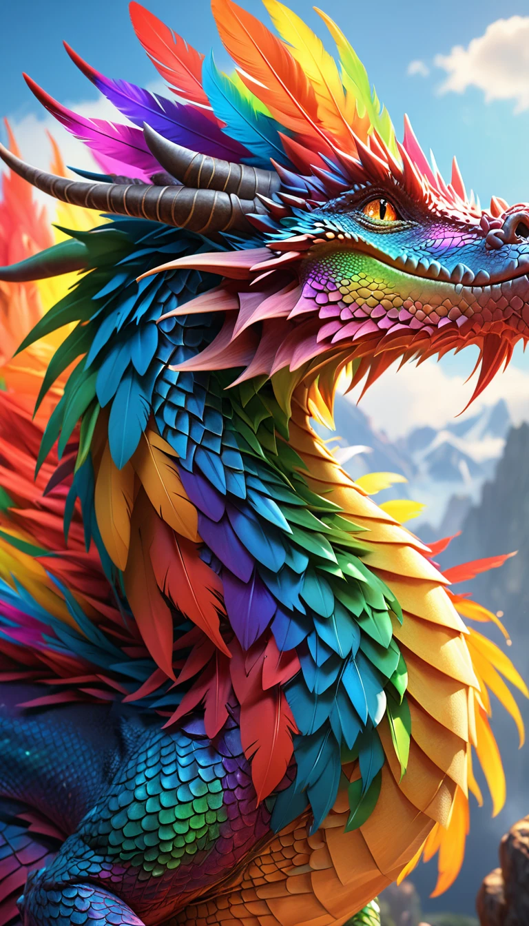 Fantasy、Fantasy、(whole body, detailed), ((Portrait of a dragon with colorful feathers:1.5)), photoRealistic, masterpiece: 1.2), (Highest quality, High resolution, 8K), (Realistic: 1.37), faint smoke, ultra detailed , Sharp focus, Bright Eyes, Scale and Texture, mysterious, Calm, Beautiful Landscape, Soft lighting, Vibrant colors, Rainbow and sunshine shining.16K, 超High resolution, Shining in rainbow colors、to be born,wonderful ,future、Iridescent、The world 30 years from now。