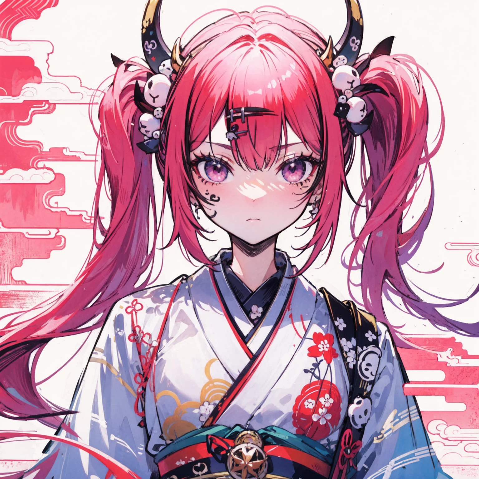 (Highest quality,masterpiece:1.2,Intricate details:1.2),Beautiful Face,ukiyoe,One girl,Girl in patterned kimono,View the viewer:1.3,Face Tattoos:1.2,Small demon horn,Detailed Hair,Fluid brushwork,traditional japanese art, Vibrant colors, Golden Belt, Delicate cherry, Calm expression, Traditional makeup, Peaceful Background, Soft lighting