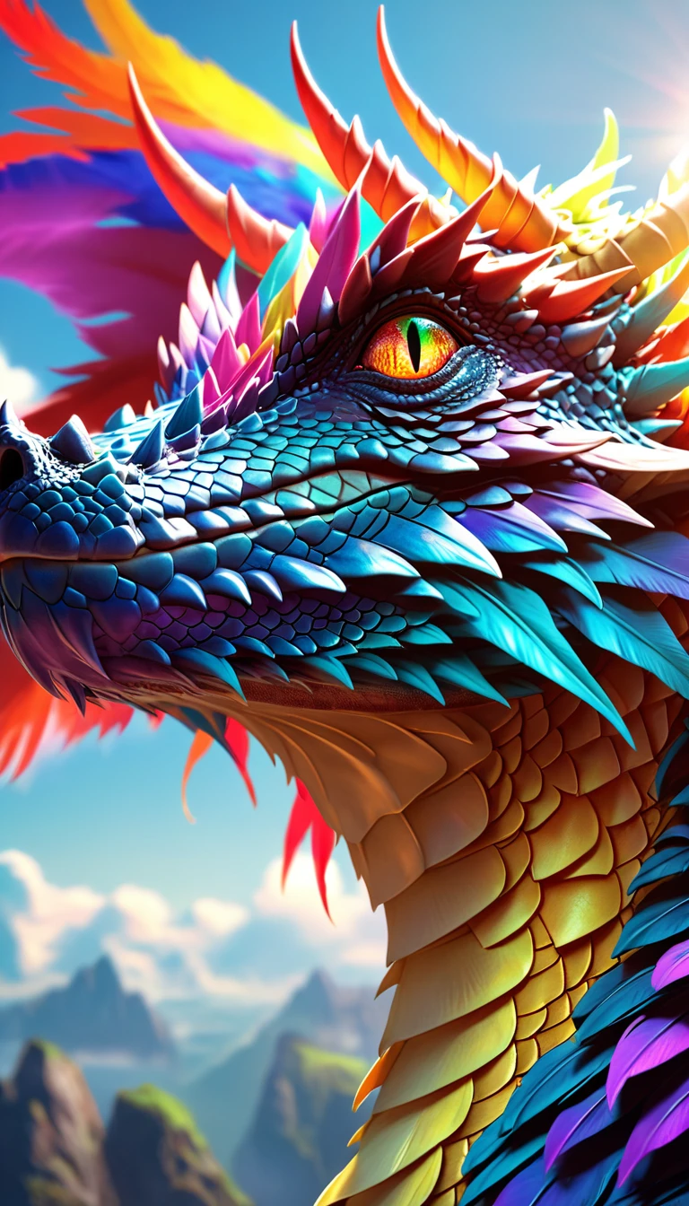 Fantasy、Fantasy、(whole body, detailed), ((Portrait of a dragon with colorful feathers:1.5)), photoRealistic, masterpiece: 1.2), (Highest quality, High resolution, 8K), (Realistic: 1.37), faint smoke, ultra detailed , Sharp focus, Bright Eyes, Scale and Texture, mysterious, Calm, Beautiful Landscape, Soft lighting, Vibrant colors, Rainbow and sunshine shining.16K, 超High resolution, Shining in rainbow colors、to be born,wonderful ,future、Iridescent、The world 30 years from now。