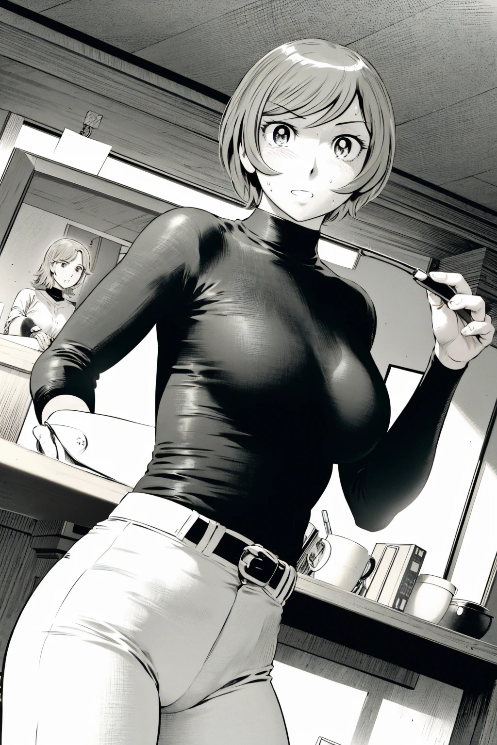 、(masterpiece、Highest quality)、Highest quality, Ultra-high resolution, (((masterpiece))), alone, Sweat、Big eyes,Tight black shirt、Tight white pants、belt、indoor、Composition from the front、(Cut the back hair short、short hair、blonde、woman)、Shortcuts、Embarrassed face、Cut your hair short、可愛いwomanの子、Big Breasts、office