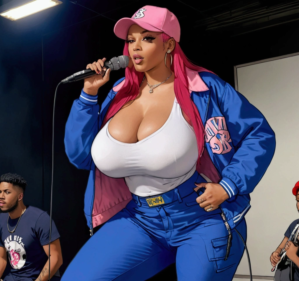 A female rapper wearing a pink cap wearing a pink jacket and has red eyes having pink hair and wearing blue pants and she is holding a microphone with a speaker behind her or she is inside a beak with her having a collar around her neck and her having a backpack behind her with her singing in the alley and with her  and a huge ass and bigd giant thighs and huge hips 