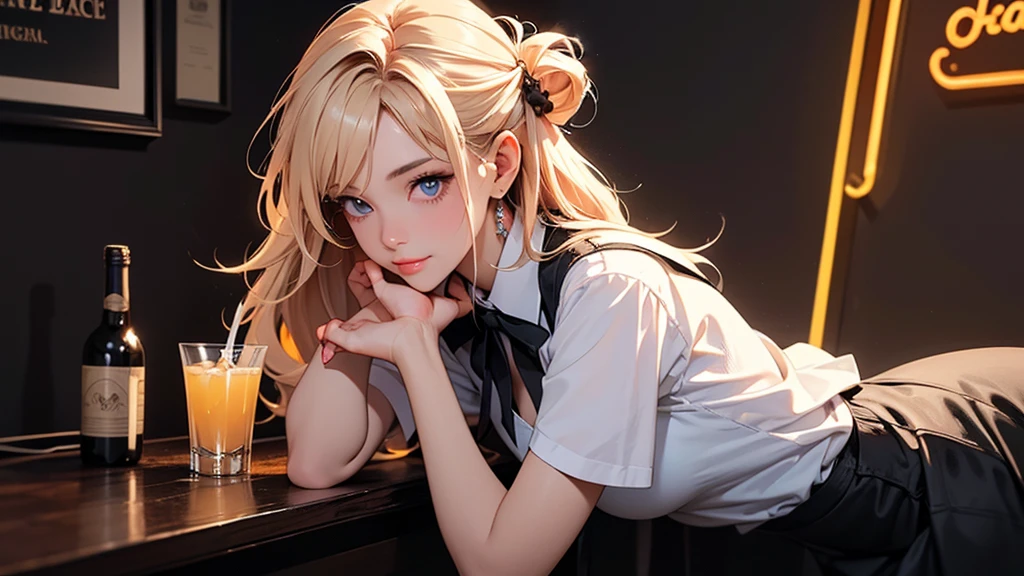 masterpiece、high resolution 8k、NSFW、sharp focus、contrast lighting、fine skin、muste piece、 highest quality、Ultra - High resolution、Super high resolution、Highly detailed CG, realisticlying, a lady, permanent, bartender, ((Black vest with white shirt) black tie), (black skirt with black lace stockings high heels), Stylish clothing, adult, very long wavy hair, half updo half up half down, shine blue eyes, long upper eyelashes, most detailed eyes, light makeup, seductive expression eyes, (seductive smile:0.8), (Masterpiece best quality:1.2) Exquisite illustrations and super detailed, Medium breast, detailed face, high quality hair, super detailed finger, BREAK, ((Colorful neon lights:1.37) hang on the wall), (Neon tube:1.37), glowing, rest, (Fashion bar:1.2), indoors, ((cocktail glass) Filled with colorful wine), (The room is dimly lit), wine bottle, Art Deco, Detailed background, BREAK, Super textured skin, super detail face, perfect face, Super fine facial details, beautiful and delicate eyes, perfect eyes, correct limbs, (correct finger), super detail finger, best hair quality, best clothing quality, best prop quality, best backgroud detail and quality, anatomically correct, best quality, highres, award winning