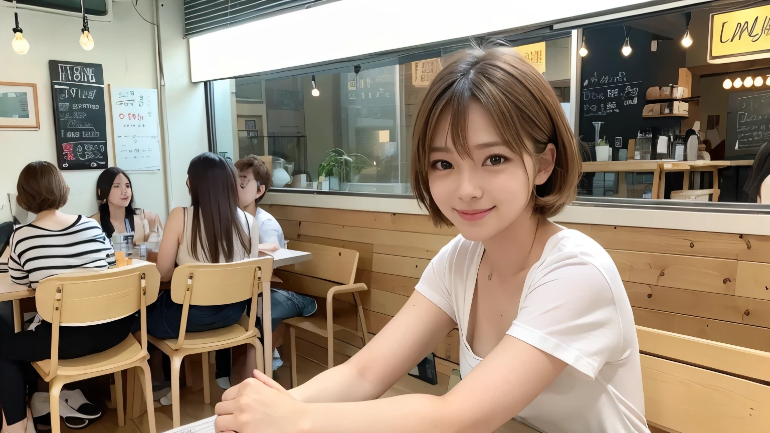 super high quality, Slenderのネックレス, Slender, Gravure photoshoot, The staff is working at the counter in the back., (8K、RAW Photos、Highest quality、masterpiece:1.2), Japanese Idol, Stylish café, The cafe is crowded with people enjoying themselves., (Realistic、Photorealistic:1.37), Mesh Hair, Urban Cafe, Golden Ratio, Raw photo, Cute face , Light Brown Hair, Small breasts, Bright cafe interior, Summer clothes, Cafe Terrace, Open Cafe, A kind smile, Hair blowing in the wind, boyish, T-Shirts, Very Short Hair, 18-year-old, younger sister, Stylish clothes,