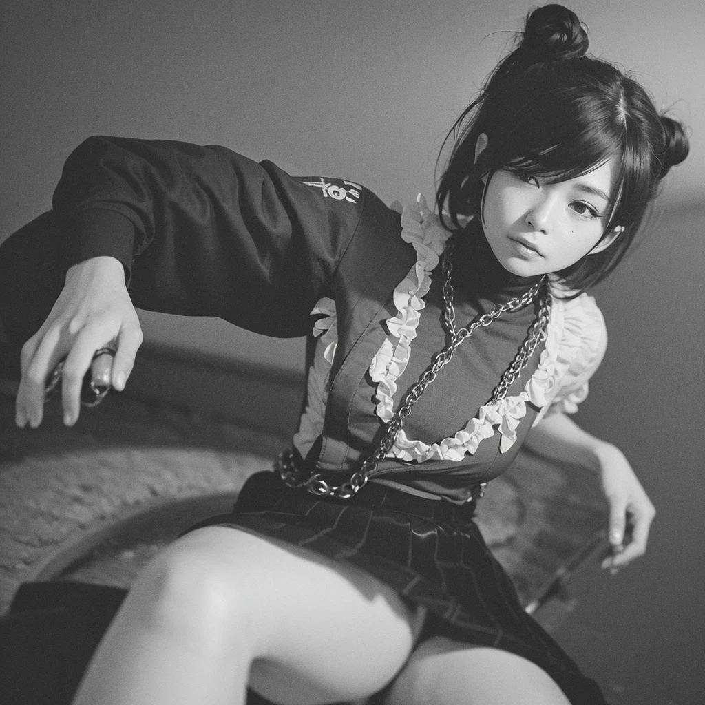 (Highest quality)), ((masterpiece)), (detailed), 40 years old,Bun Hair Hands in chains Japanese women Black bra Tight Skirt potbelly Blindfold gag Cuckold Rope on chest Panty shot Leg spread Full Head Mask