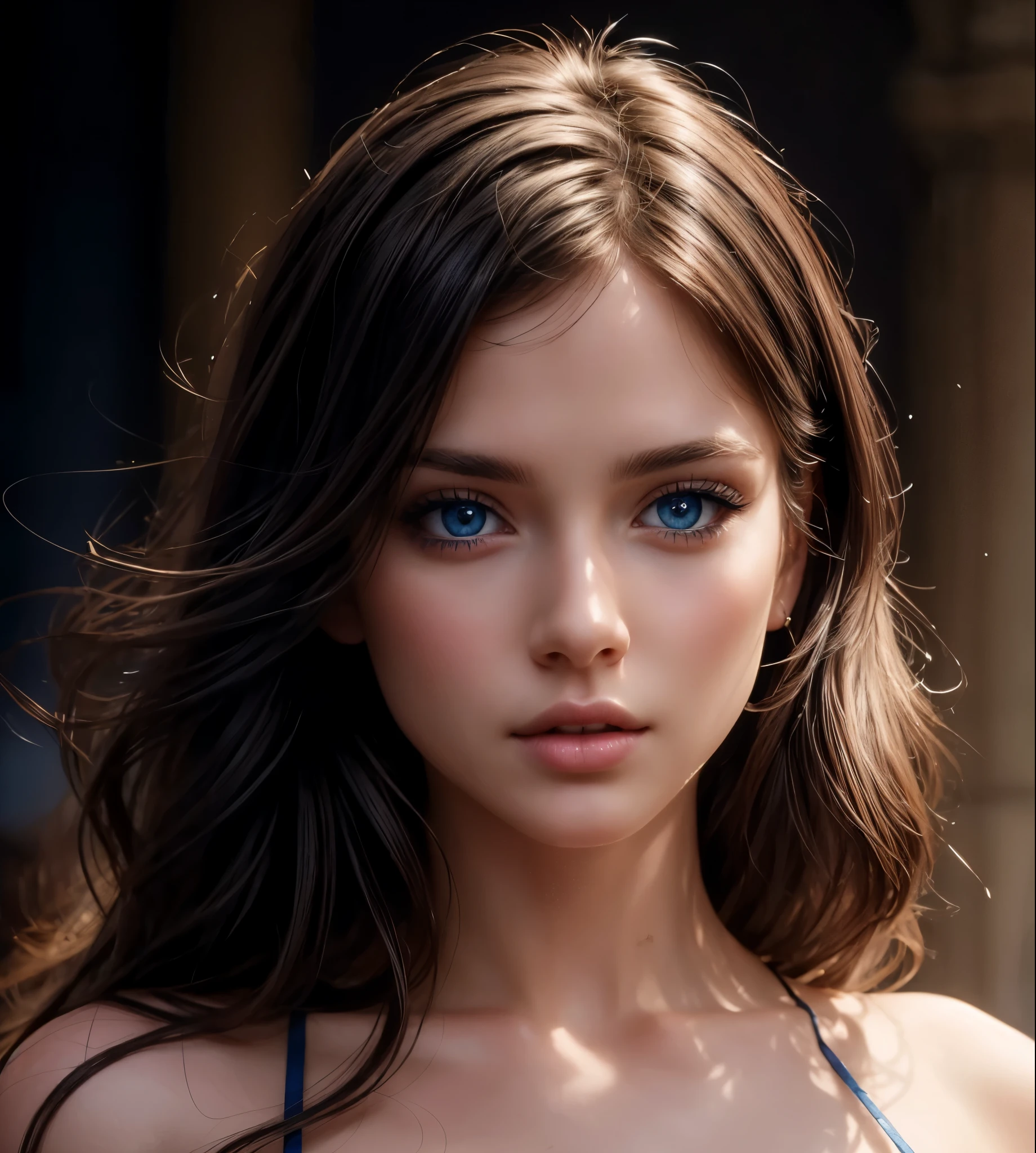 closeup shot, beautiful girl, sexy blue eyes, detailed lips, eyes, detailed skin texture, dark hair, hyper detailed photo with sharp focus, beautiful masterpiece,