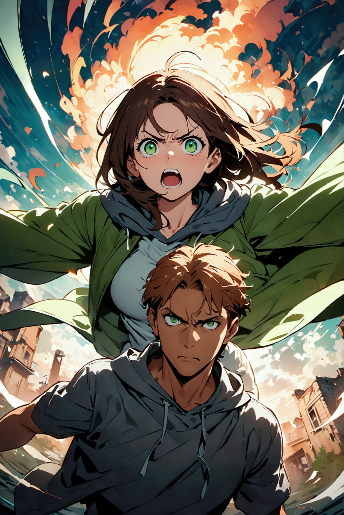 long brown hair man,(Ellen Yeager)Ellen Yeager,Green Eyes,Angry expression,Attack on Titan,He has a dark grey hoodie on top,Wide range of colors,artwork,rendering,Wind,(masterpiece:1.3),(Highest quality:1.4),(Very detailedな:1.5),High resolution,Very detailed,unity 8k wallpaper,Decadent,Achieve smooth design